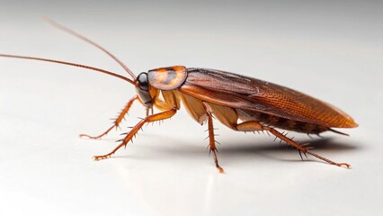 High-angle view of a common cockroach, showcasing its broad body, distinct head, and long antennae on a clean, white background. This detailed shot is excellent for pest control themes