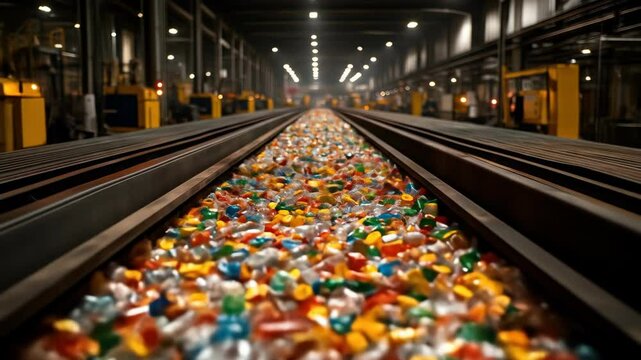 Recycling plant conveyor belt filled with colorful plastic pellets