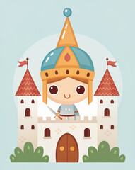 Little knight defends the castle in the magic kingdom, illustration for children's activity books, cards. 