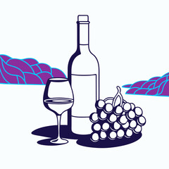 White Wine Bottle, Grapes, and Glass: Wine Tasting Illustration
