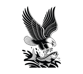 Obraz premium Bald Eagle with fish hunt Salmon in Talons, Isolated Black and White Art
