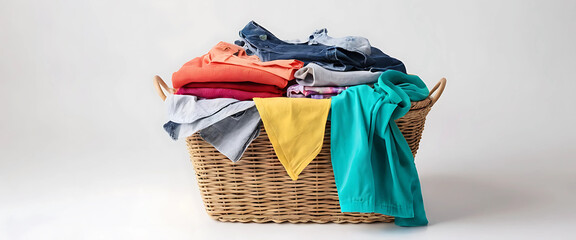 Isolated laundry basket with colorful clothes inside.
