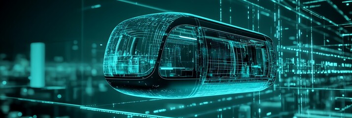 Futuristic teal hologram of AI transportation pod system for smart cities