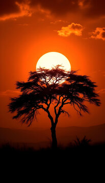 Silhouette of tree against large sun and orange sky with clouds in African landscape.
