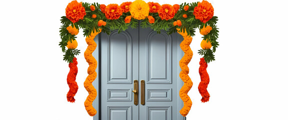 Transparent PNG of a hanging toran (door garland) with marigolds.

