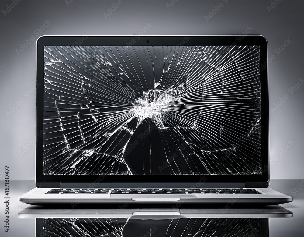 Fototapete cracked laptop screen closeup on gray background damaged computer monitor with broken glass digital device failure computer breakdown information technology trouble error concept requires repair