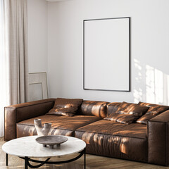 Frame mockup, ISO A paper size. Living room wall poster mockup. Interior mockup with house background. Modern interior design. 3D render
