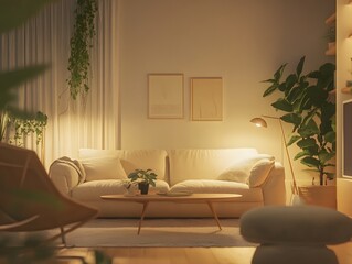 Warm Comfort: A Scandinavian Living Room Bathed in Natural Light and Neutral Hues, living room interior