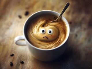 The Talking Mug’s Mishap: A Coffee Cup Faces Disaster in Animated Style, cup of coffee with spoon