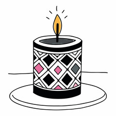 Hand Drawn Candle with Geometric Pattern and Glowing Flame on a White Background