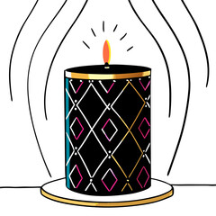 Stylized Candle with Diamond Pattern and Flame Surrounded by Drawn Lines Simple Aesthetic