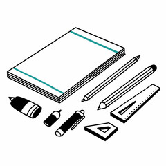 Isometric illustration of a sketchbook with pencils markers and rulers on white background