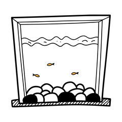 Hand Drawn Fish Tank with Goldfish and Rocks on White Background Illustration