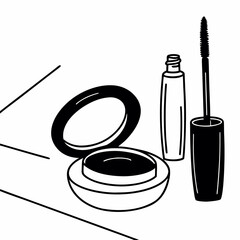 Elegant Black and White Line Art Illustration of a Makeup Compact and Mascara Set