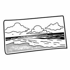 Hand Drawn Ocean Scene with Waves Clouds and Horizon Line in Black and White
