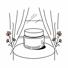 Minimalist Skincare Product Jar with Flowers and Curtains in a Line Drawing