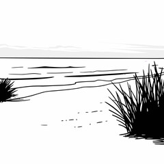 Minimalist black and white beach scene with grass and ocean waves illustration