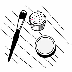 Simple Line Art Illustration of Makeup Brush Powder and Cupcake on Striped Background