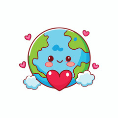 Fototapeta premium Happy planet earth holding red heart surrounded by clouds and hearts love