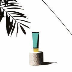 Minimalist Product Display Turquoise Tube on Concrete Pedestal with Palm Leaf Shadow