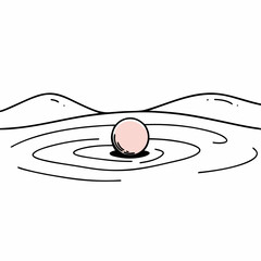 Minimalist illustration of a pink sphere creating ripples in water with hills in background