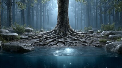Enchanting ancient tree with glowing roots by the serene lake at sunrise amidst majestic mountains and lush forests
