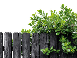 A weathered black fence, standing resolute, frames a vibrant display of lush, verdant leaves and foliage