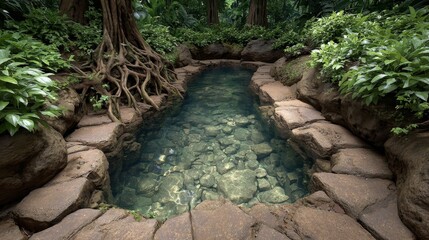 Captivating dreamy jungle stream with translucent waters surrounded by lush trees and majestic mountains in nature's embrace