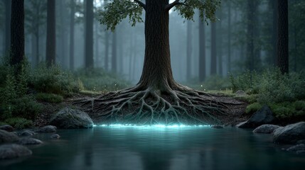 Crosslight illuminating giant glowing roots by a foggy river at sunrise in a mystical forest landscape