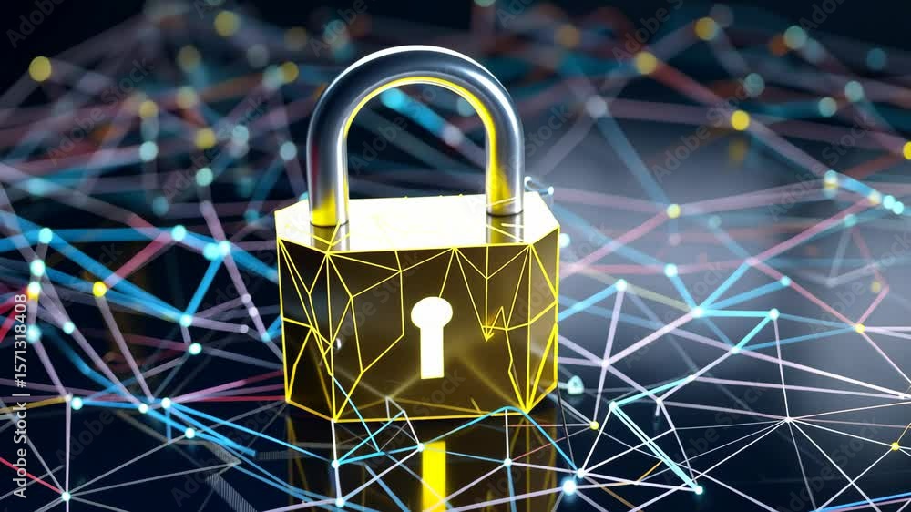 Poster digital padlock icon surrounded by vibrant data points and intricate network connections
