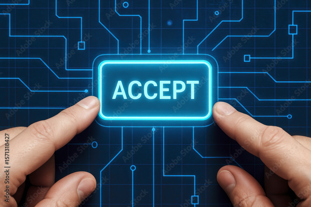 Poster the concept approval and decision-making is illustrated by two hands engaging with a glowing digital