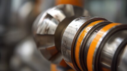 Obraz premium A close-up view of industrial machinery with metallic textures and orange safety details.