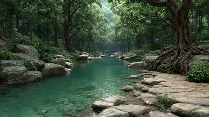 Tranquil jungle stream flowing through lush forest with translucent waters capturing nature's serenity sunrise reflections over river and rocks