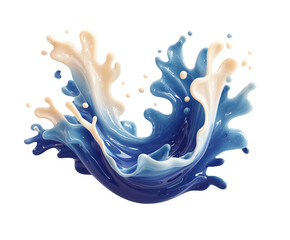 Dynamic splash of dark blue and creamy beige liquid colliding mid-air with fluid motion and glossy highlights on white background. Concept of contrast, energy and visual impact