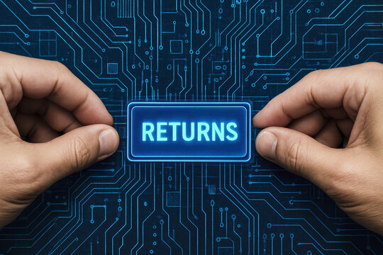 A digital interface highlights the concept returns as two hands place a component into an intricate circuitry symbolizing efficient process and data management in business operations