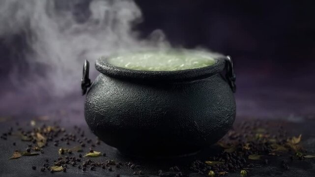 Halloween concept. A black cauldron with bubbling green liquid and steam, surrounded by smoky purple mist and scattered herbs.