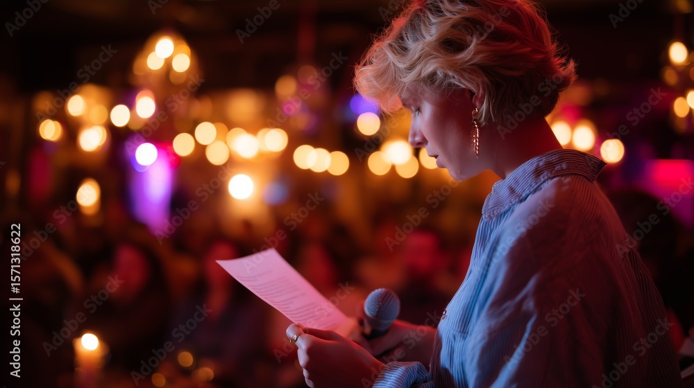 Poster woman reading script on stage at a lively venue with warm lighting and an engaged audience in the ba