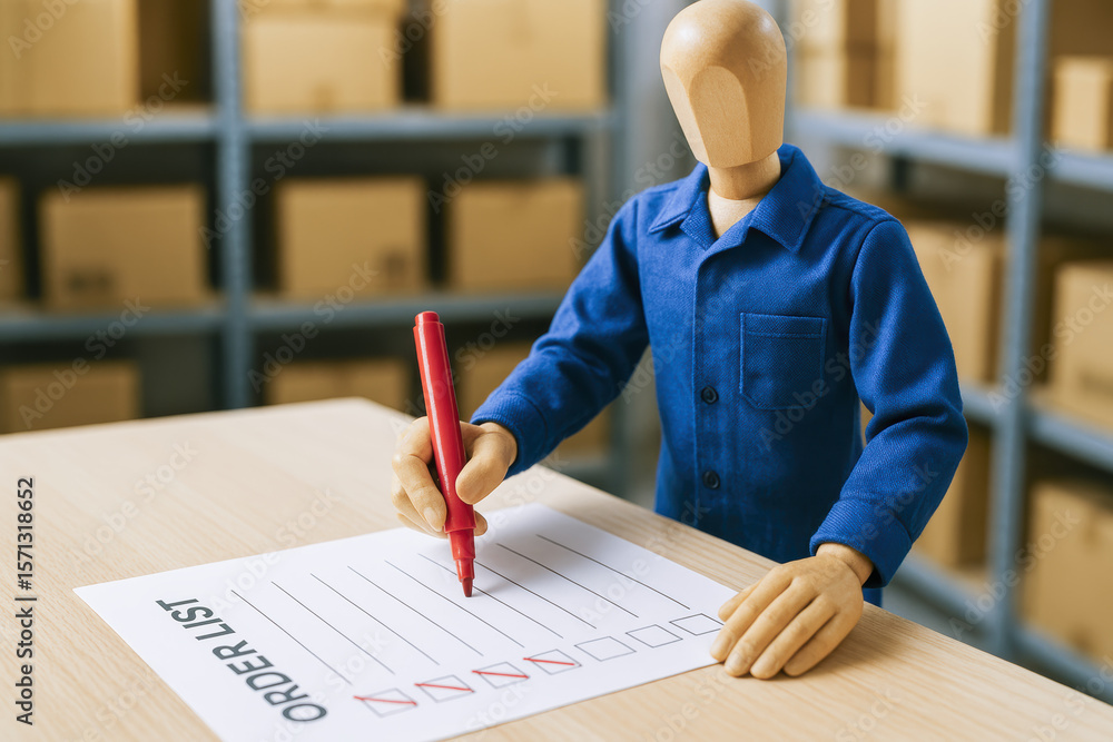 Poster order management and organization are demonstrated by a wooden mannequin marking tasks complete on a