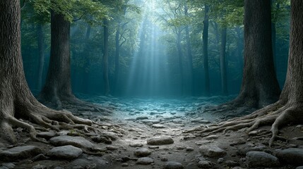 Sunrise in a fairytale underwater forest luminous roo by lake and waterfalls amidst majestic mountains