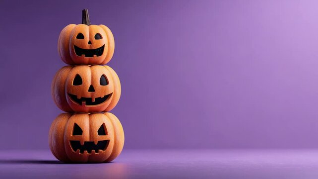 Halloween concept. Three stacked jack-o'-lantern pumpkins with carved faces on a purple background.