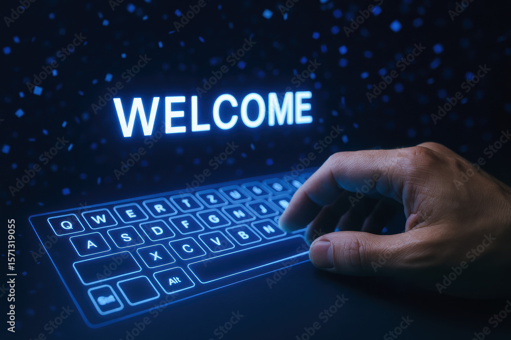 Poster the depicts the concept communication and interaction through a futuristic holographic keyboard symb