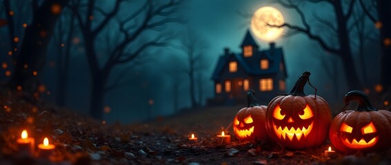 Fototapeta premium Mysterious Halloween-themed image with a mysterious castle in the woods, a full Month and pumpkins on the ground. Halloween and mysterious castle at night.