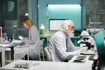 Senior Caucasian man examining sample with microscope in scientific laboratory, young Caucasian...
