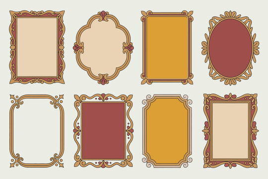Victorian frame collection, gold and red ornate borders, classic decorative labels, invitation design, vintage vector art
