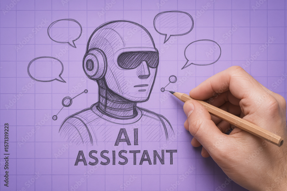 Poster a sketching a conceptual robot head illustrates the evolving role ai assistants in enhancing communi