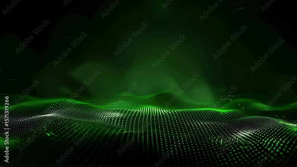 Poster green digital wave with glowing dots and flowing lines creating futuristic technology background and