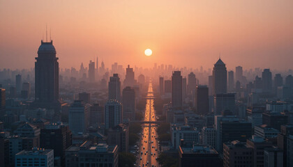 Obraz premium Skyline Embrace: A city silhouette is beautifully backdropped by a radiant sun, casting a warm glow over a metropolitan expanse. This visual tale weaves an aesthetic of urban grandeur.