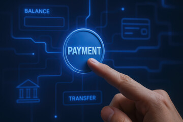 Obraz premium A activates a glowing digital interface focused on payment processing highlighting secure banking and efficient fund transfer systems