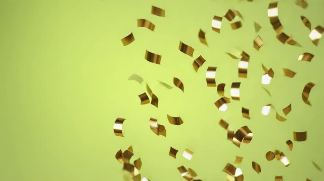 Sparkling golden confetti falling diagonally on green background