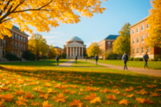 Blurry autumn university campus with golden foliage and students walking, ideal for seasonal educational themes and back-to-school promotions